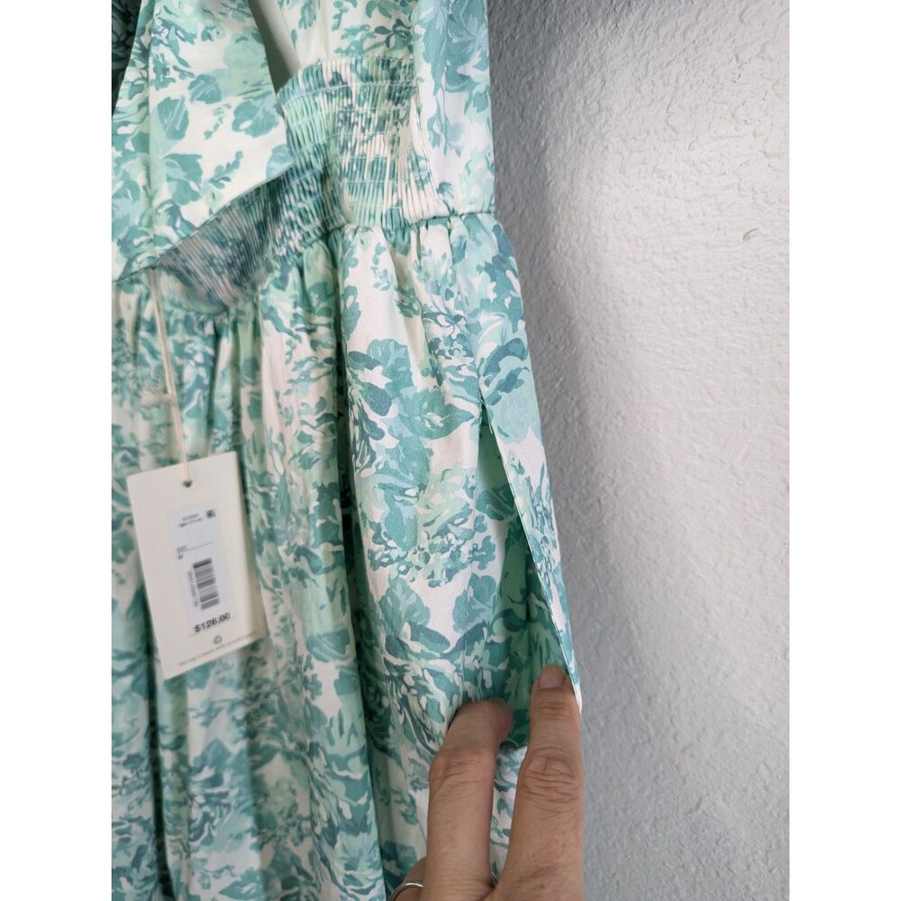 NWT White Green Floral Cottage Coquette Boutique Dress Sz M Puff Sleeve Bow - Picture 8 of 12